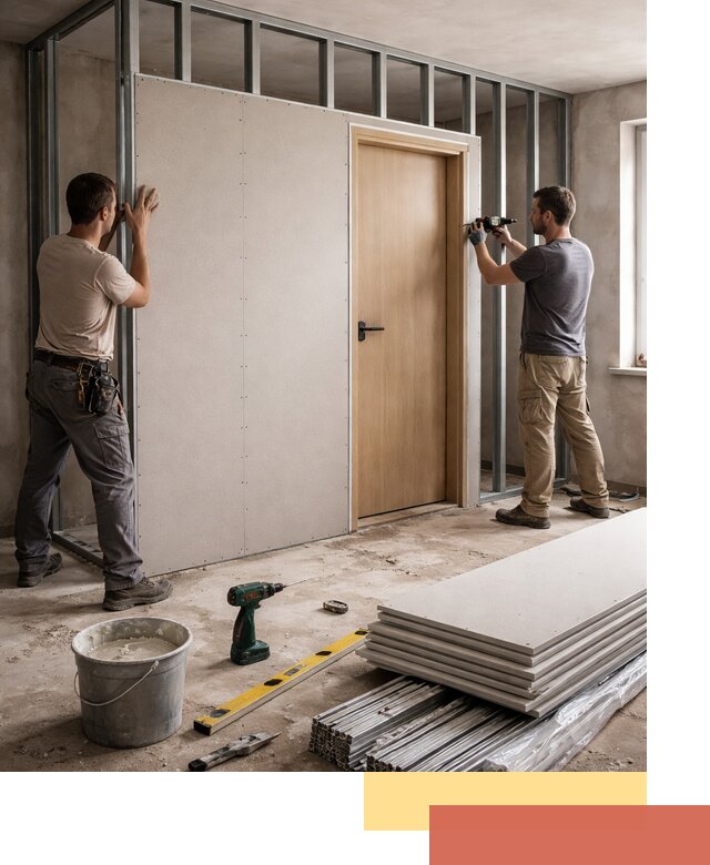 Перегородка из гипсокартона с дверью под ключ в Жигулевске