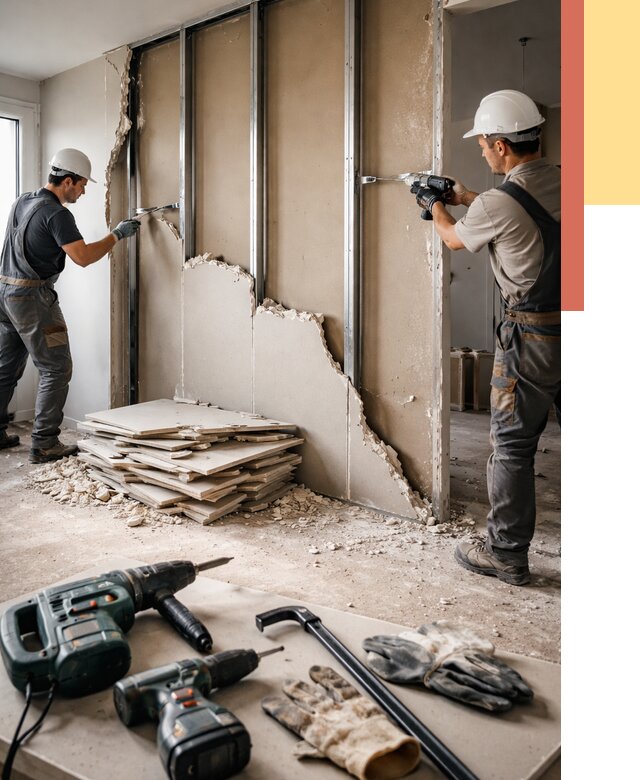 Демонтаж перегородки из гипсокартона в Жигулевске от 1214 руб. быстро и недорого | ОТДЕЛОЧНИК-Жгл