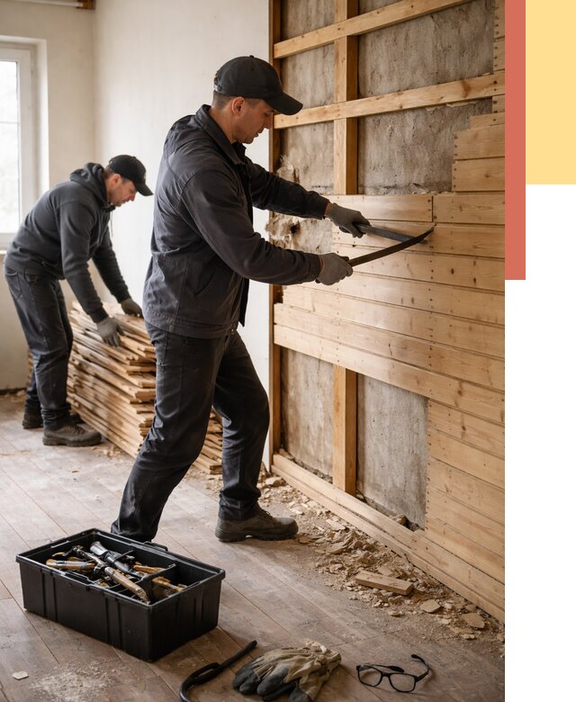 Демонтаж вагонки в Жигулевске от 3845 руб/м2 — быстро и недорого | ОТДЕЛОЧНИК-Жгл