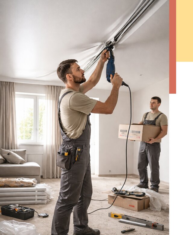 Монтаж сатинового натяжного потолка в Жигулевске от 3542 руб. | Быстро, недорого — ОТДЕЛОЧНИК-Жгл