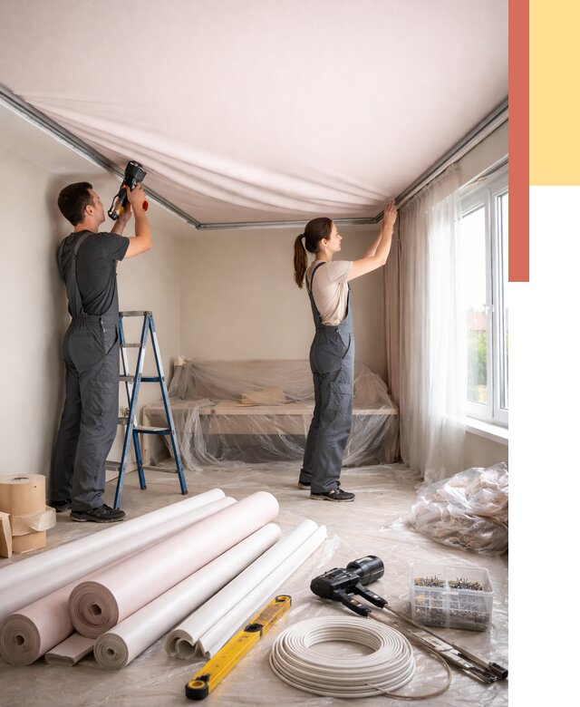 Монтаж цветного натяжного потолка в Жигулевске от 4250 руб/м² — быстро и недорого | ОТДЕЛОЧНИК-Жгл