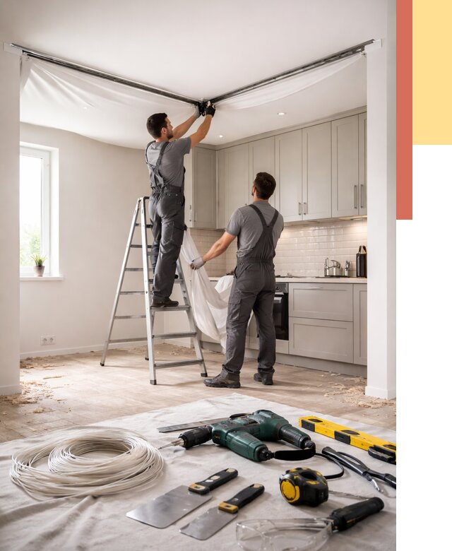 Установка натяжного потолка на кухне в Жигулевске от 2429 руб. | ОТДЕЛОЧНИК-Жгл