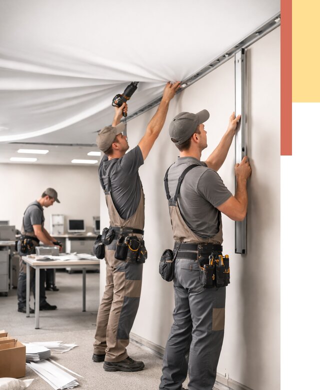 Монтаж натяжного потолка в офисе в Жигулевске от 455 руб/м² — быстро и недорого | ОТДЕЛОЧНИК-Жгл