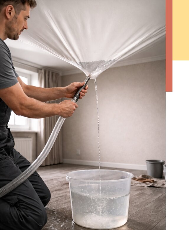 Слив воды с натяжного потолка в Жигулевске от 2530 руб. быстро и недорого | ОТДЕЛОЧНИК-Жгл