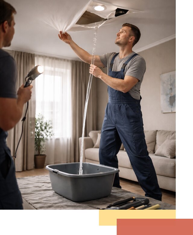 Слив воды с натяжного потолка в Жигулевске быстро и аккуратно